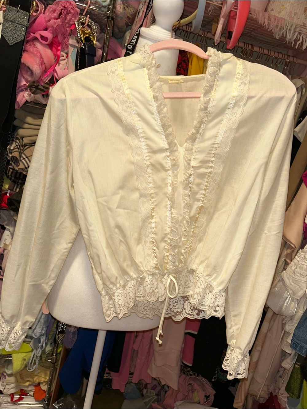 Vintage Ivory Lace Trim Ruffle Blouse
